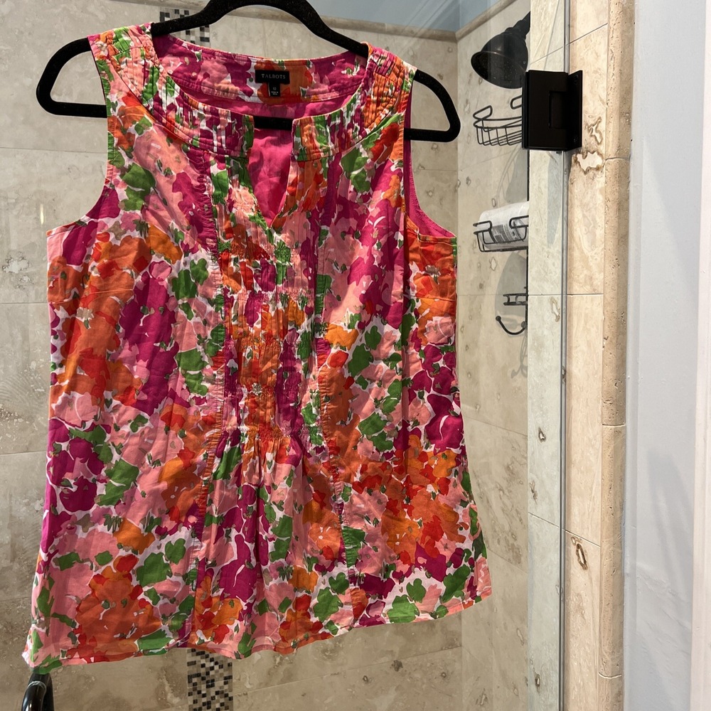 Talbots Sleeveless Floral Pintuck Blouse Pink Orange Green Cotton Tank Size 10